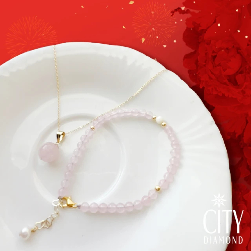 【City Diamond 引雅】天然東菱玉粉水晶項鍊手鍊新春特惠福袋套組-兩款任選(手作設計系列)