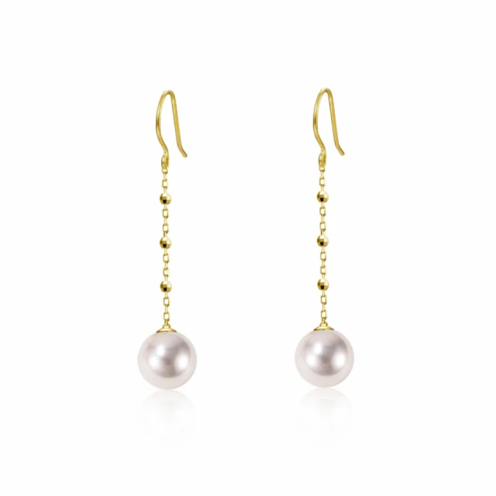 【City Diamond 引雅】18K日本AKOYA珍珠6.5-7mm黃K金長垂掛耳環(東京Yuki系列)