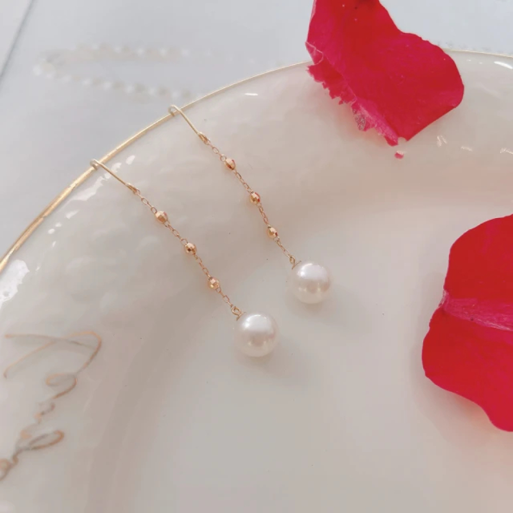 【City Diamond 引雅】18K日本AKOYA珍珠6.5-7mm黃K金長垂掛耳環(東京Yuki系列)