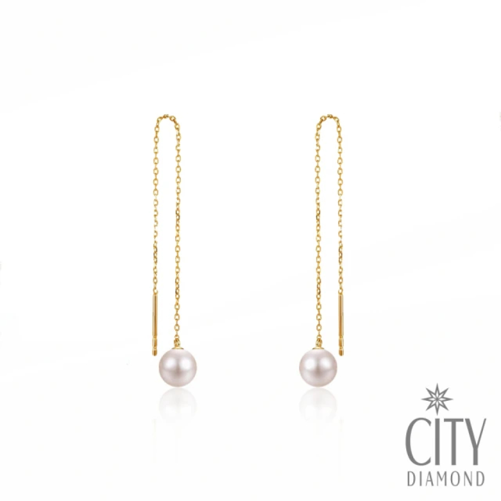 【City Diamond 引雅】18K日本AKOYA珍珠6mm黃K金長掛耳環(東京Yuki系列)