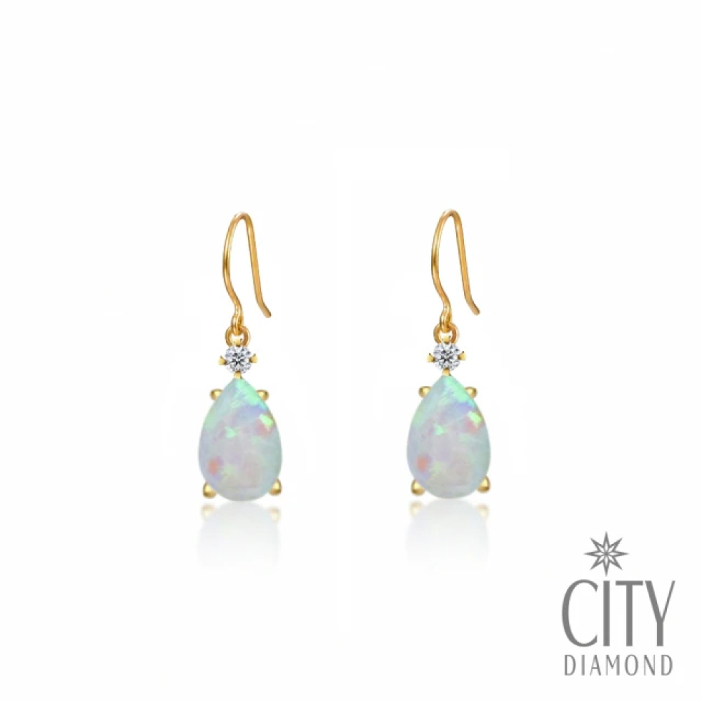【City Diamond 引雅】『清晨之露』18K日本天然蛋白石鑽石水滴造型黃K金耳環(東京Yuki系列)