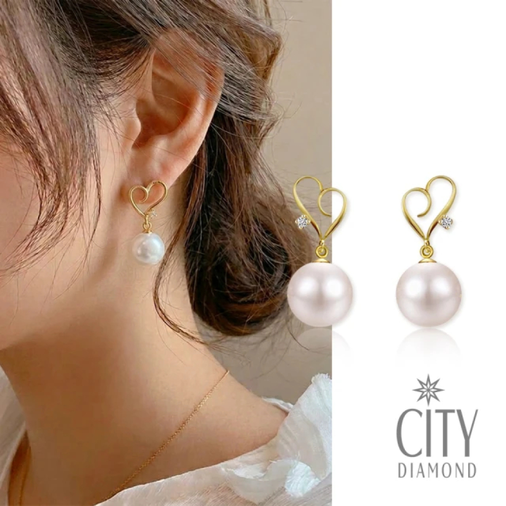 【City Diamond 引雅】『初心』18K日本AKOYA珍珠黃K金鑽石愛心造型耳環(東京Yuki系列)