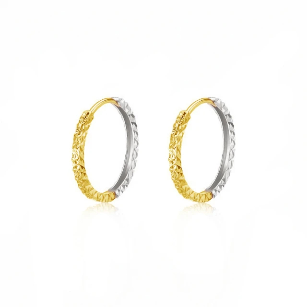 【City Diamond 引雅】18K刻花白K金黃K金雙色斗圈耳環(浮光留影系列)