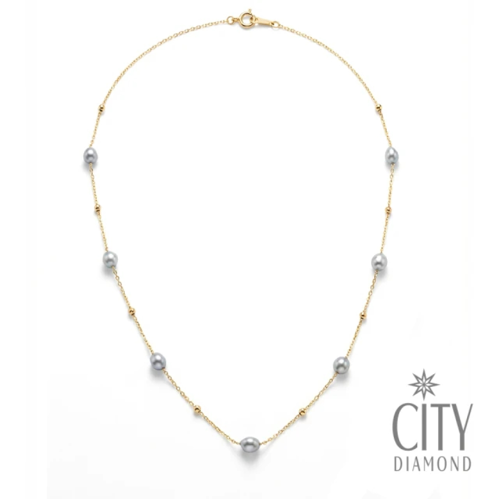 【City Diamond 引雅】『灰色與青』18K日本AKOYA珍珠4mm真多麻色黃K金項鍊(東京Yuki系列)