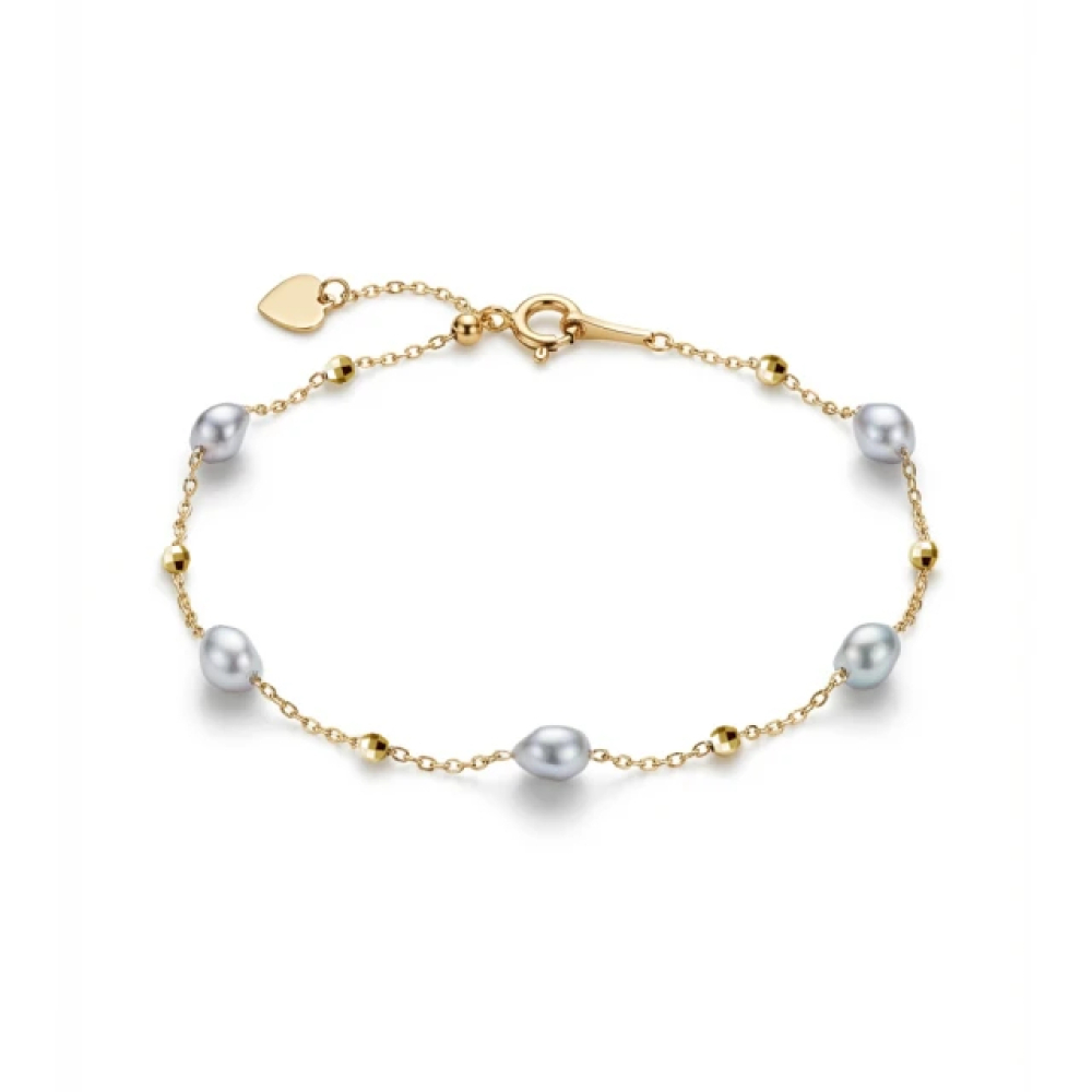 【City Diamond 引雅】『灰色與青』18K日本AKOYA珍珠4mm真多麻色黃K金手鍊(東京Yuki系列)