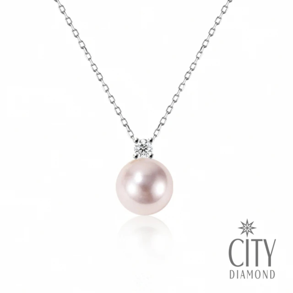 【City Diamond 引雅】日本鉑金AKOYA珍珠7mm單顆鑽石四爪造型項鍊(東京Yuki系列)