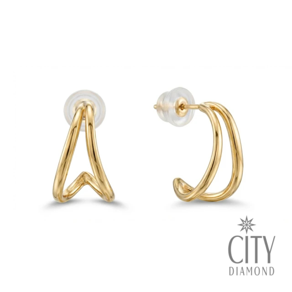 【City Diamond 引雅】18K 日本 流線 黃K金 斗圈設計 耳環(東京Yuki系列)