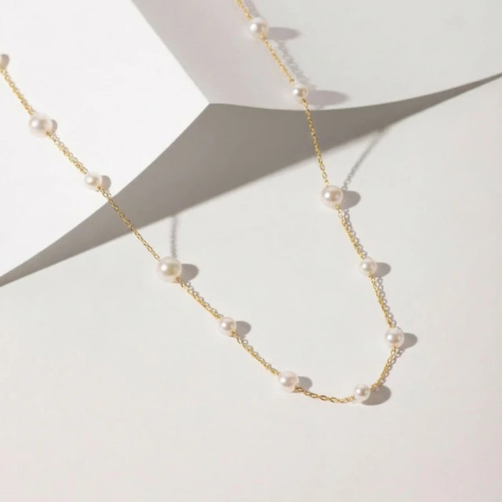 【City Diamond 引雅】網路獨家 18K 天然珍珠3.5mm+5mm 黃K金 滿天星 造型 項鍊 (東京Yuki系列)