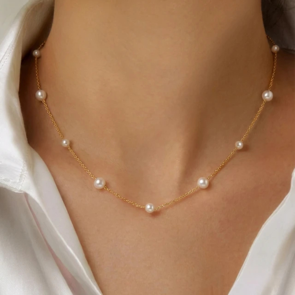 【City Diamond 引雅】網路獨家 18K 天然珍珠3.5mm+5mm 黃K金 滿天星 造型 項鍊 (東京Yuki系列)