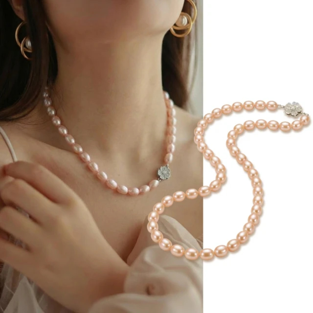 【City Diamond 引雅】天然 粉橘珍珠 橢圓 串鍊 項鍊(珠潤月詠系列)