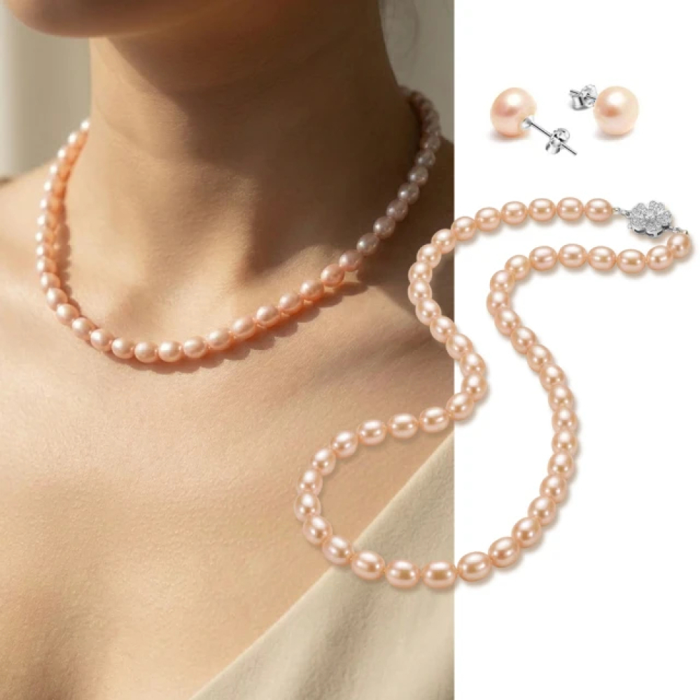 【City Diamond 引雅】天然 粉橘珍珠 項鍊 串鍊 耳環 套組(珠潤月詠系列)