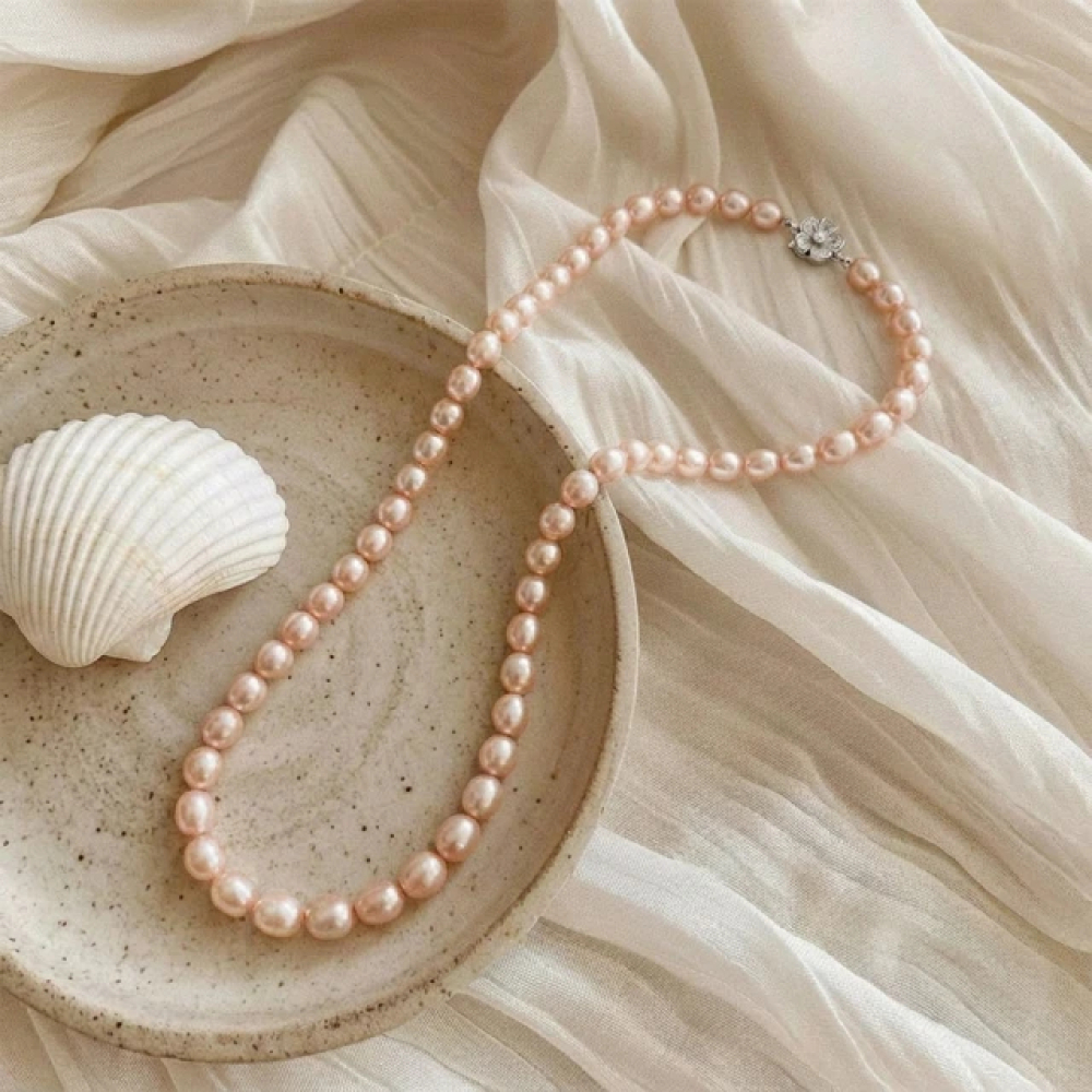 【City Diamond 引雅】天然 粉橘珍珠 項鍊 串鍊 耳環 套組(珠潤月詠系列)