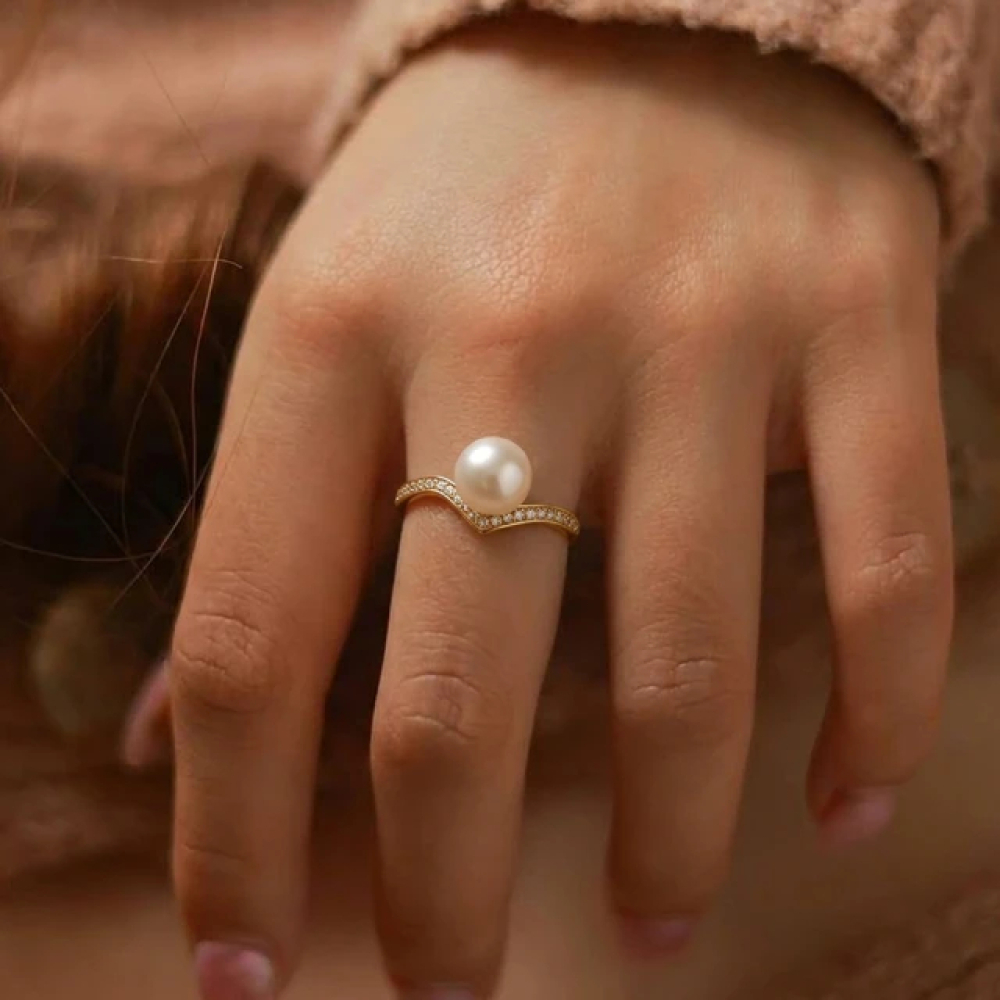 【City Diamond 引雅】網路獨家 日本純銀 AKOYA珍珠 6mm 水鑽 黃K色 可調式 戒指(東京Yuki系列)