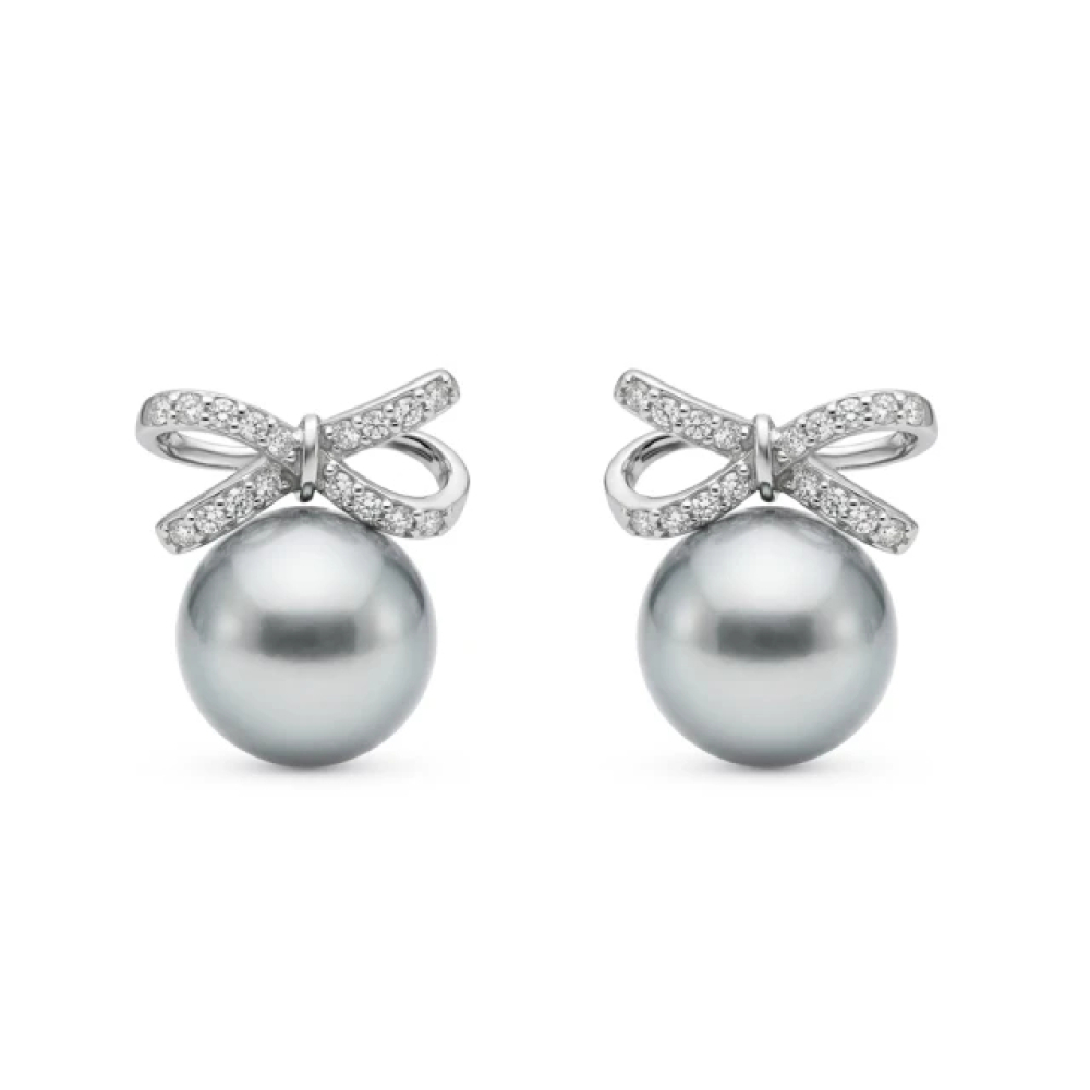 【City Diamond 引雅】網路獨家 日本AKOYA珍珠 7.5-8mm 真多麻色 純銀 水鑽 蝴蝶結 耳環 (東京Yuki系列)