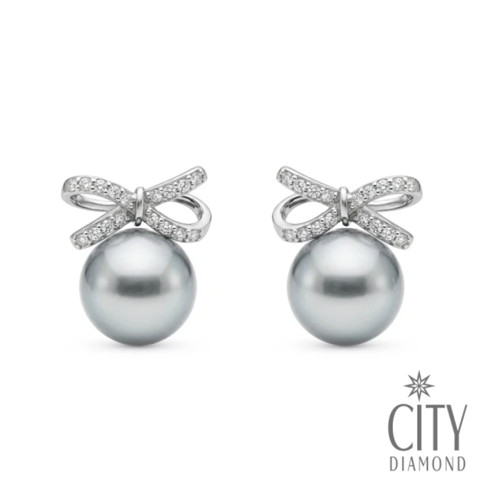 【City Diamond 引雅】網路獨家 日本AKOYA珍珠 7.5-8mm 真多麻色 純銀 水鑽 蝴蝶結 耳環 (東京Yuki系列)
