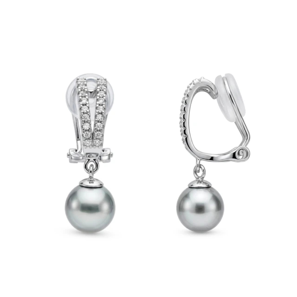 【City Diamond 引雅】網路獨家 日本AKOYA珍珠 7.5-8mm 真多麻色 純銀 水鑽 夾式耳環 (東京Yuki系列)