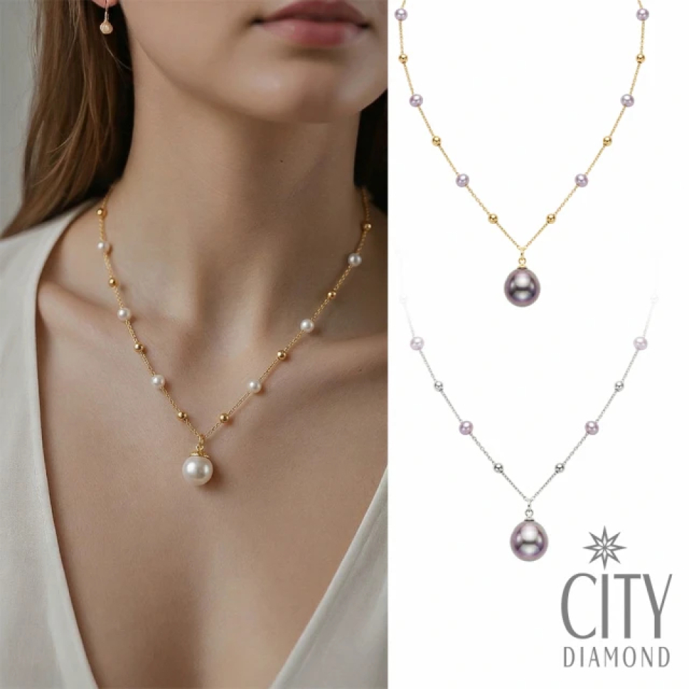 【City Diamond 引雅】天然珍珠10mm 金球 隔珠 造型 項鍊 -多款任選(珠潤月詠系列)