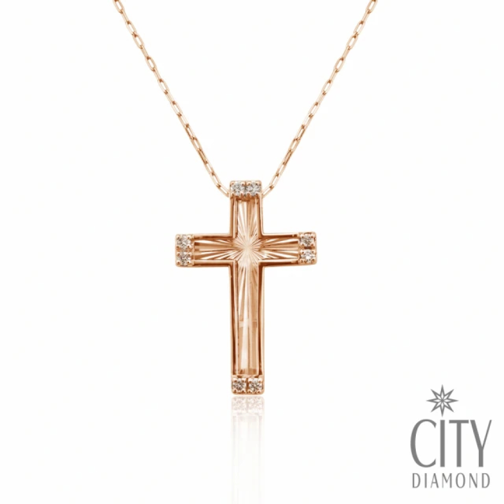 【City Diamond 引雅】18K 日本 天然鑽石 3分 玫瑰金 十字架 刻面 項鍊 (東京Yuki系列)