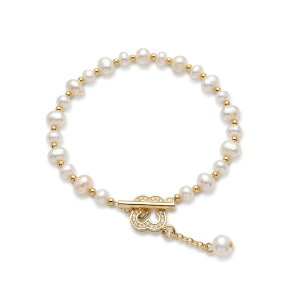 【City Diamond 引雅】天然珍珠 幸運草 水鑽 造型 手鍊-16cm (珠潤月詠系列)