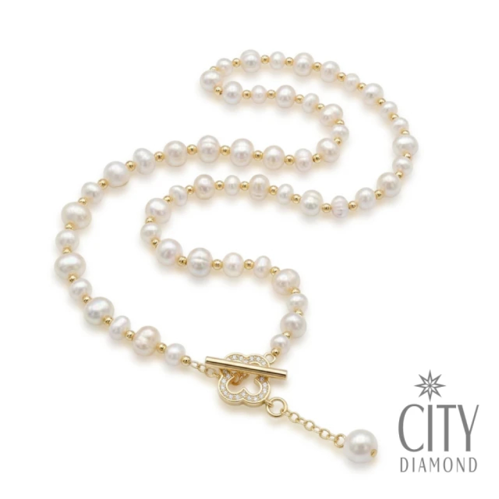 【City Diamond 引雅】天然珍珠 4-5mm 幸運草 水鑽 造型 項鍊 Y字鍊 (珠潤月詠系列)