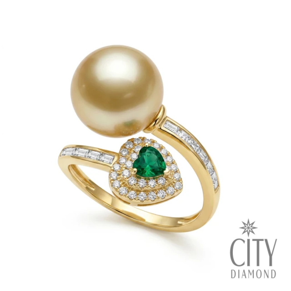 【City Diamond 引雅】網路獨家 日本南洋珍珠 金珠 9-10mm 純銀 水鑽 開口式 戒指(東京Yuki系列)