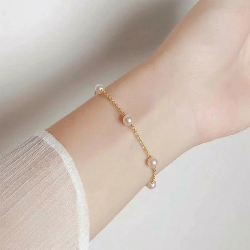 【City Diamond 引雅】18K 日本 AKOYA珍珠 3.5mm 黃K金 伸縮 手鍊(東京Yuki系列)
