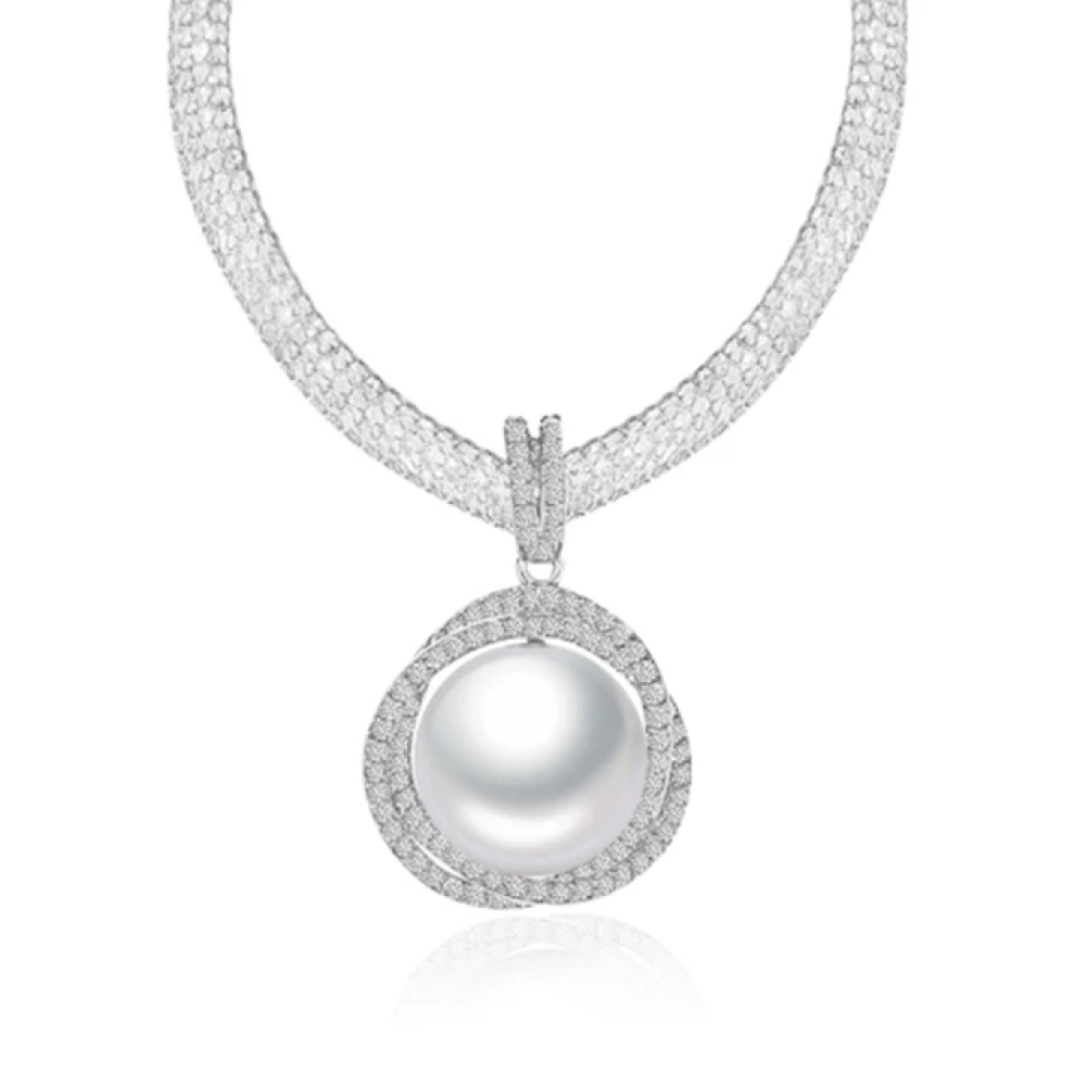【City Diamond 引雅】日本天然南洋珍珠 南洋珠 白珠11mm 水鑽 項鍊 (東京Yuki系列)