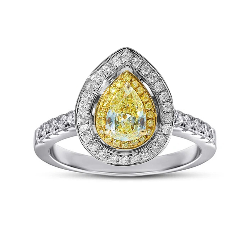 【City Diamond 引雅】14K天然鑽石淡黃 梨形 彩鑽 白K金 戒指