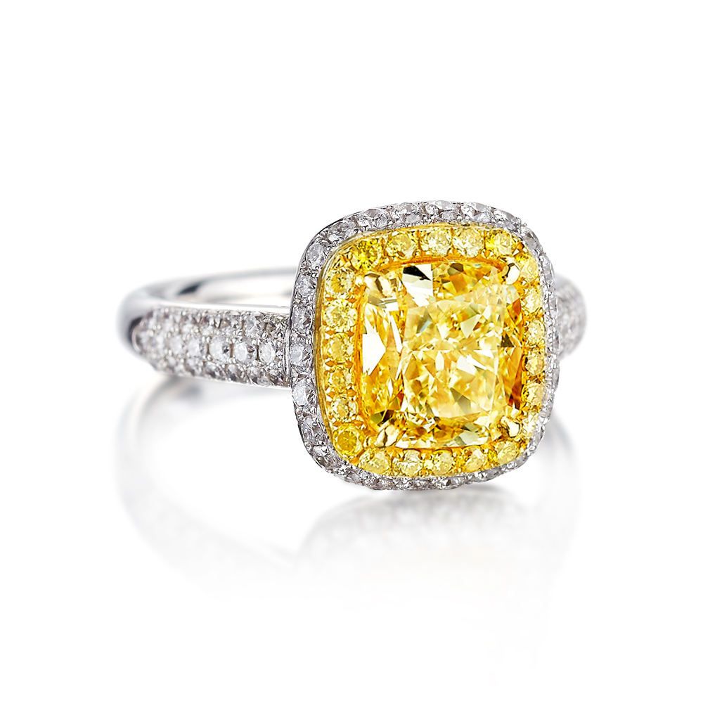 【City Diamond 引雅】14K天然鑽石淡黃 枕型 彩鑽 黃鑽 白K金 戒指