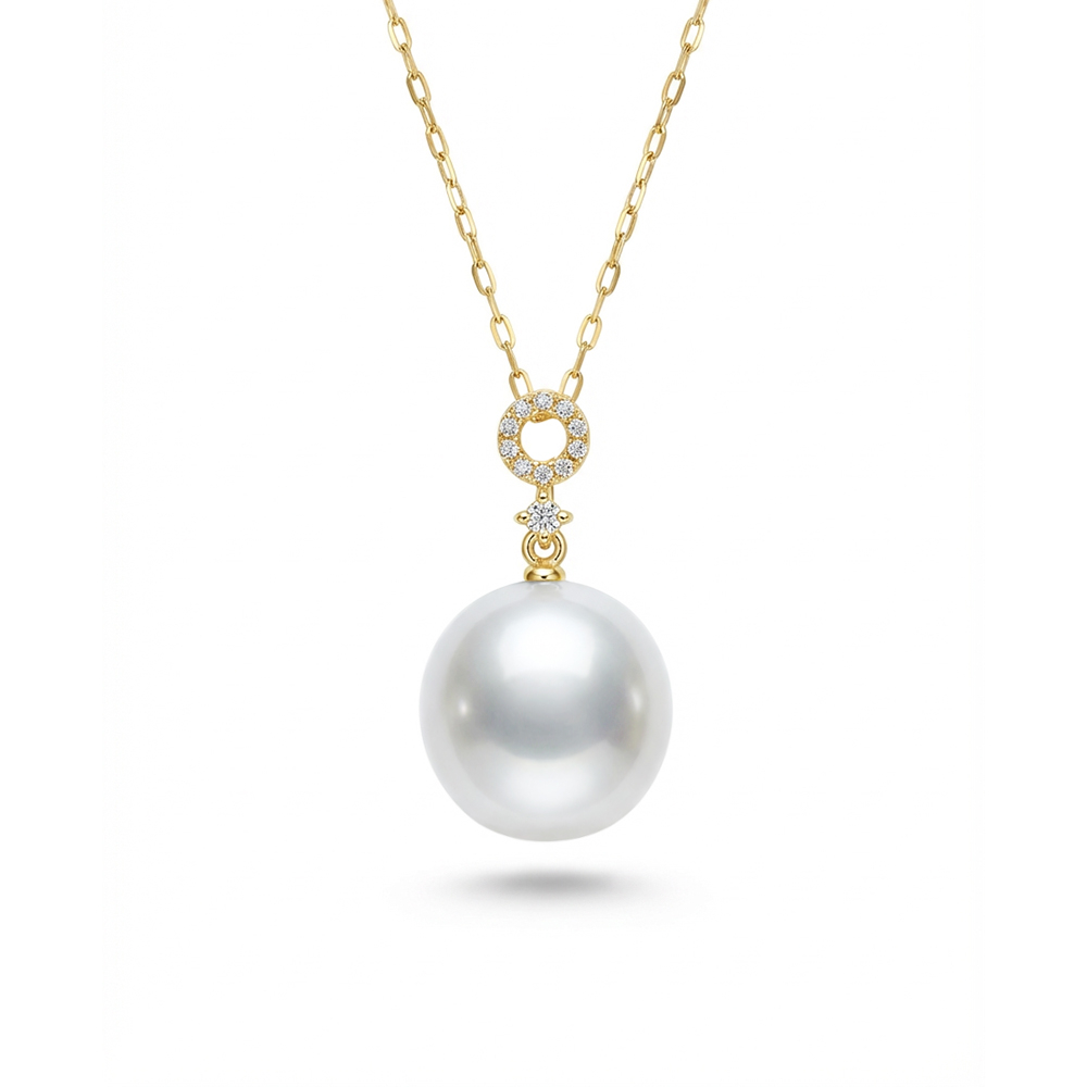 【City Diamond 引雅】網路獨家 18K 日本 南洋珍珠 白珠 10.5-11mm 鑽石 黃K金 伸縮 項鍊(東京Yuki系列)