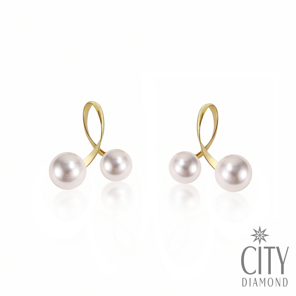 【City Diamond 引雅】『躍動青春』18K日本AKOYA珍珠4-4.5mm不對稱曲線黃K金耳環(東京Yuki系列)
