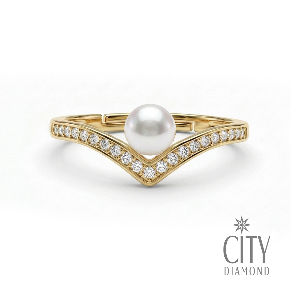 【City Diamond 引雅】網路獨家 日本純銀 AKOYA珍珠 6mm 水鑽 黃K色 可調式 戒指(東京Yuki系列)