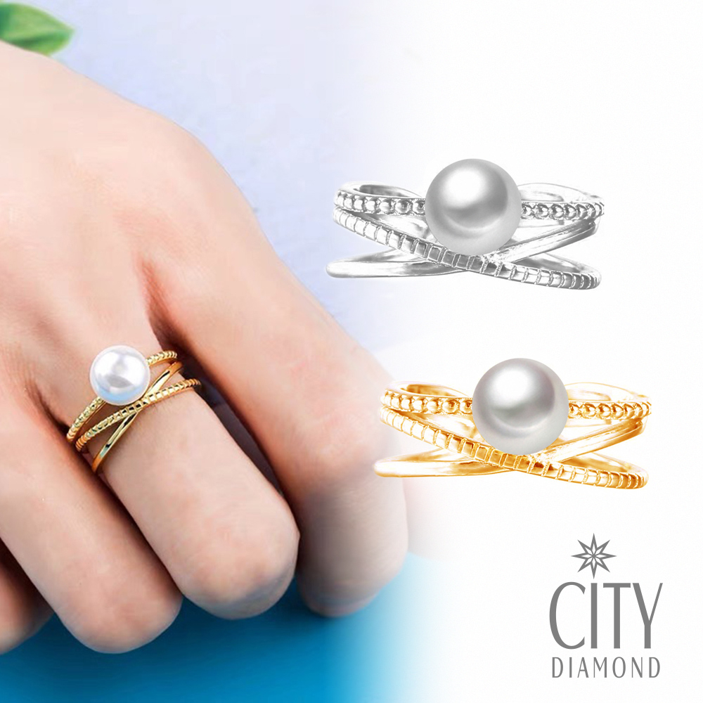 【City Diamond 引雅】網路獨家 AKOYA 日本珍珠 7-8MM 純銀可調式K金色戒指-兩款任選(珠潤月詠系列)