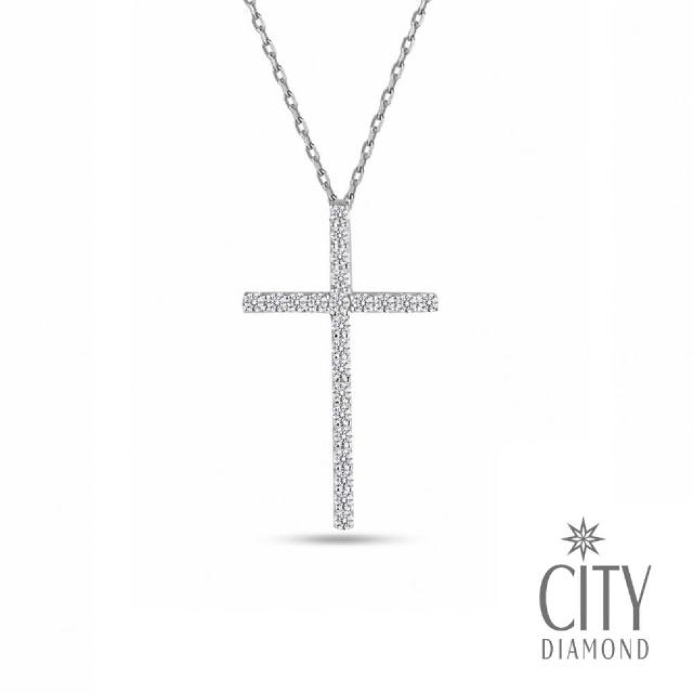 【City Diamond 引雅】14K晶鑽23顆白K金十字架墜子 項鍊 墜鍊(Belief十字架系列)