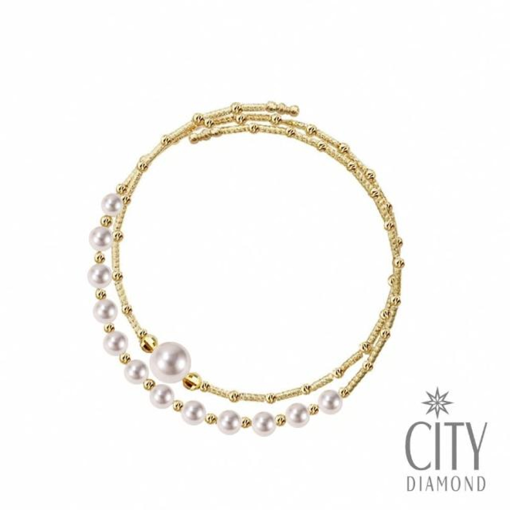 【City Diamond 引雅】18K日本AKOYA珍珠7.5MM/4.5MM黃K金手鐲 開口式手環 手鍊(東京Yuki系列)