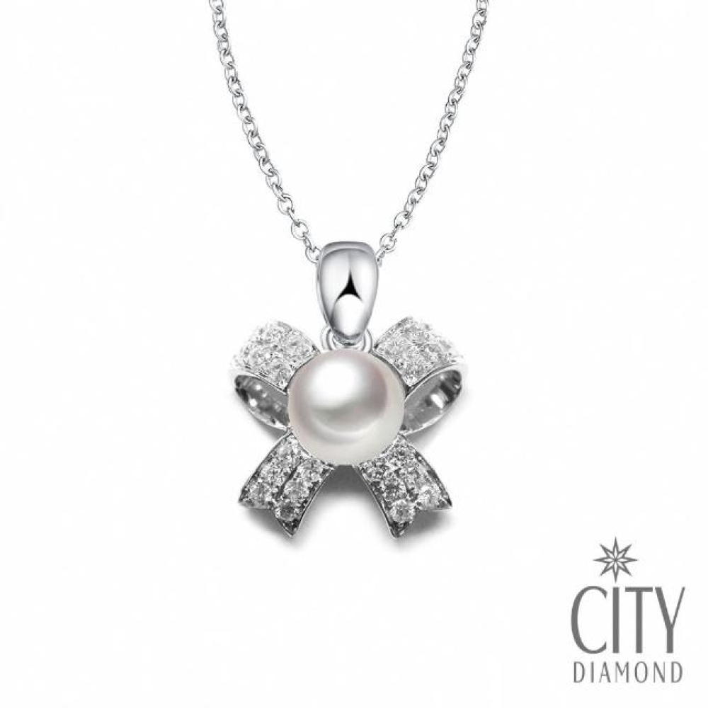 【City Diamond 引雅】日本天然珍珠白K蝴蝶結鑽墜