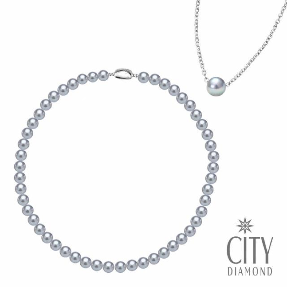 【City Diamond 引雅】高光銀灰 AKOYA 日本珍珠套組 正圓珍珠串鍊 項鍊 母女姊妹款(東京Yuki系列)