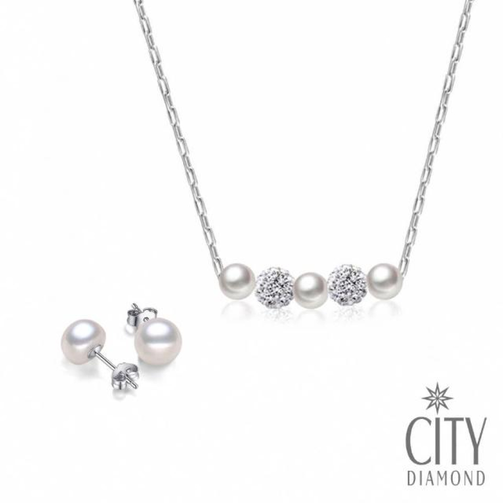【City Diamond 引雅】網路獨家 天然珍珠滿鑽水鑽項鍊耳環套組(職人工藝系列)