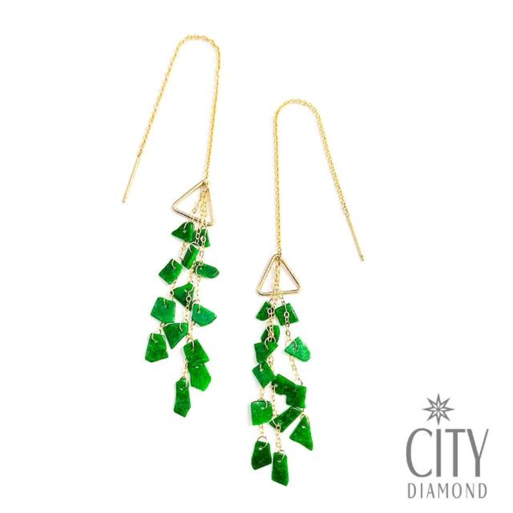 【City Diamond 引雅】14K 天然滿綠翡翠耳線耳環(K金耳環)