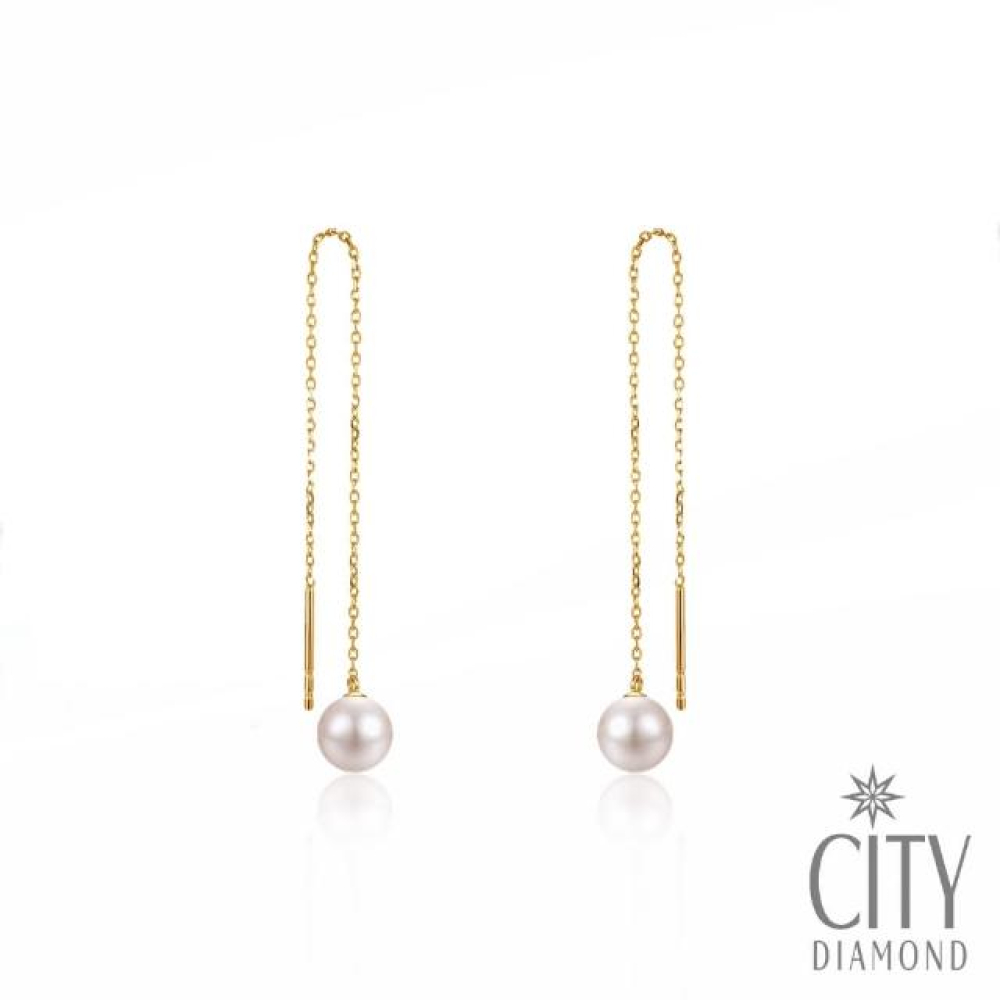【City Diamond 引雅】18K日本AKOYA珍珠6mm黃K金長掛耳環(東京Yuki系列)