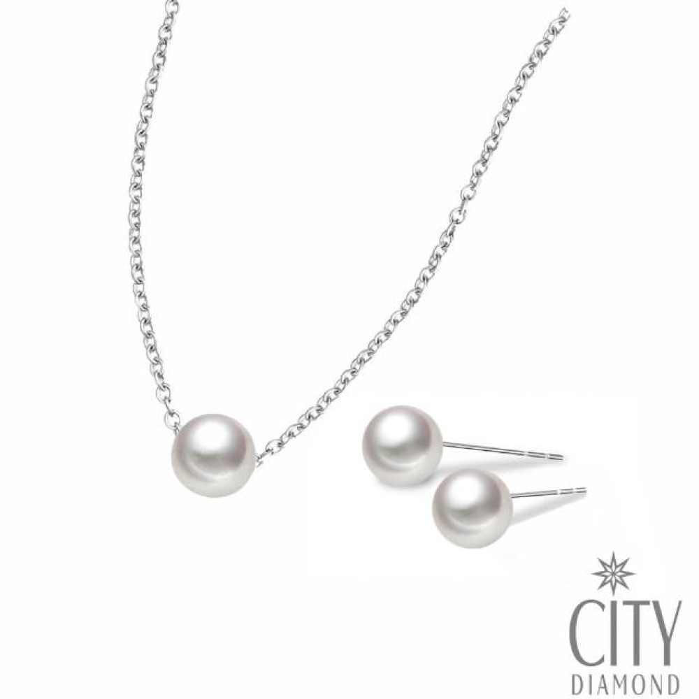 【City Diamond 引雅】日本AKOYA珍珠7.5-8mm耳環+項鍊套組(東京Yuki系列)