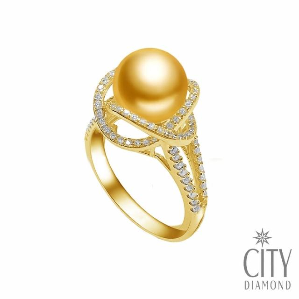 【City Diamond 引雅】日本進口天然南洋金珠11MM水鑽銀台戒指