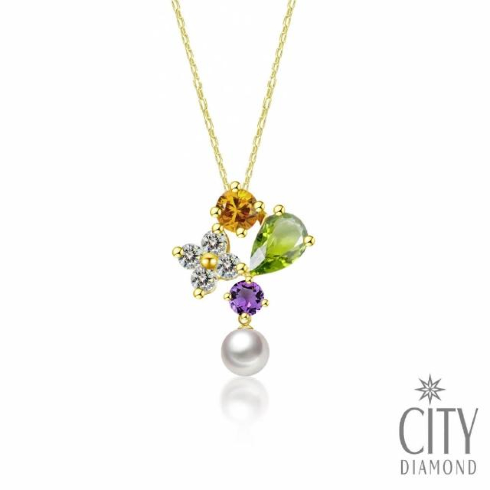 【City Diamond 引雅】日本多色寶石黃K金項鍊 橄欖石 紫水晶 黃水晶 拉長石 珍珠(東京Yuki-銀河精靈系列)