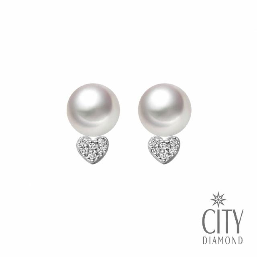 【City Diamond 引雅】AKOYA日本珍珠 8MM 愛心 鑽石耳環(東京Yuki系列)