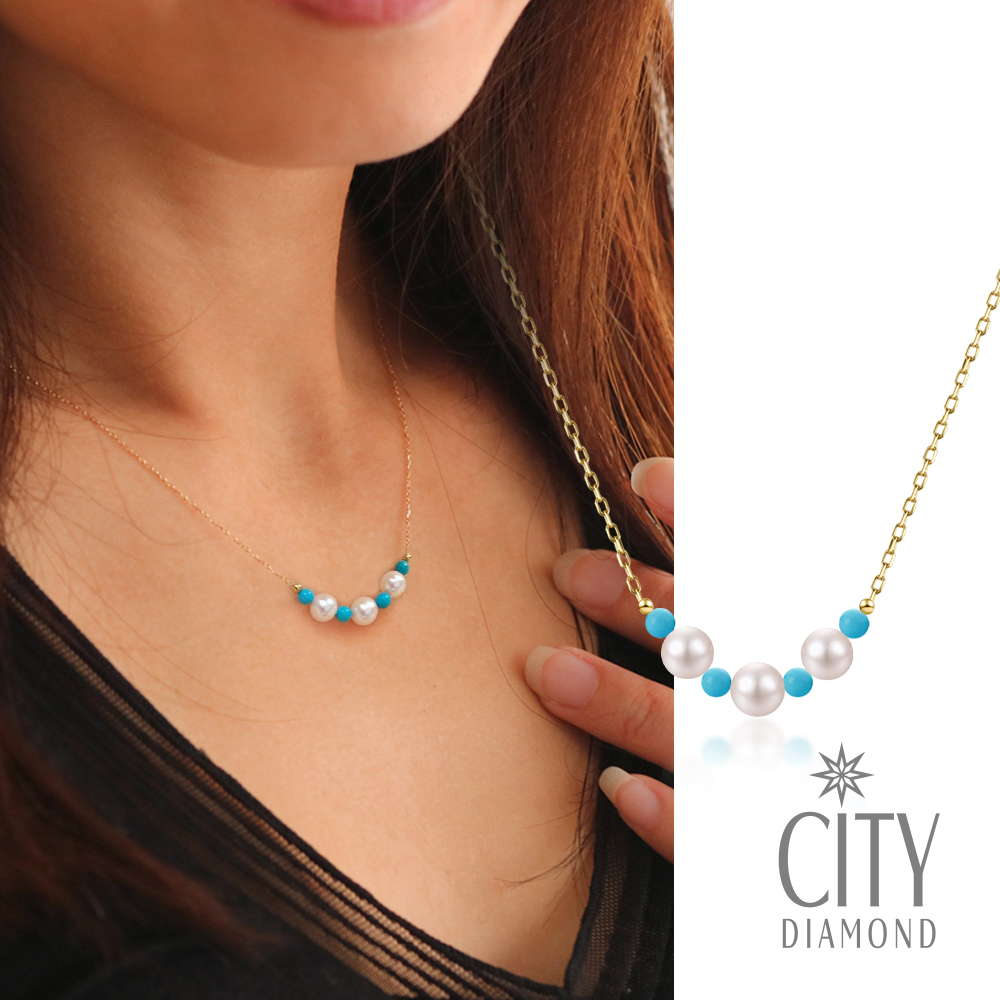 【City Diamond 引雅】『夏日微笑』18K日本 AKOYA 5mm珍珠綠松石 土耳其石 項鍊(東京Yuki系列)