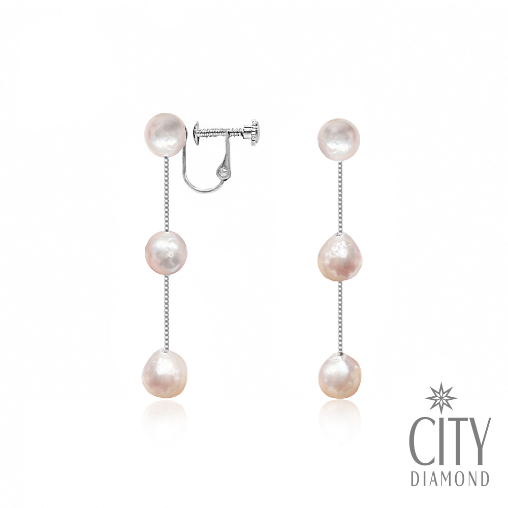 【City Diamond 引雅】『海之詩』日本AKOYA珍珠7.5-8mm純銀長掛夾式耳環(東京Yuki系列)