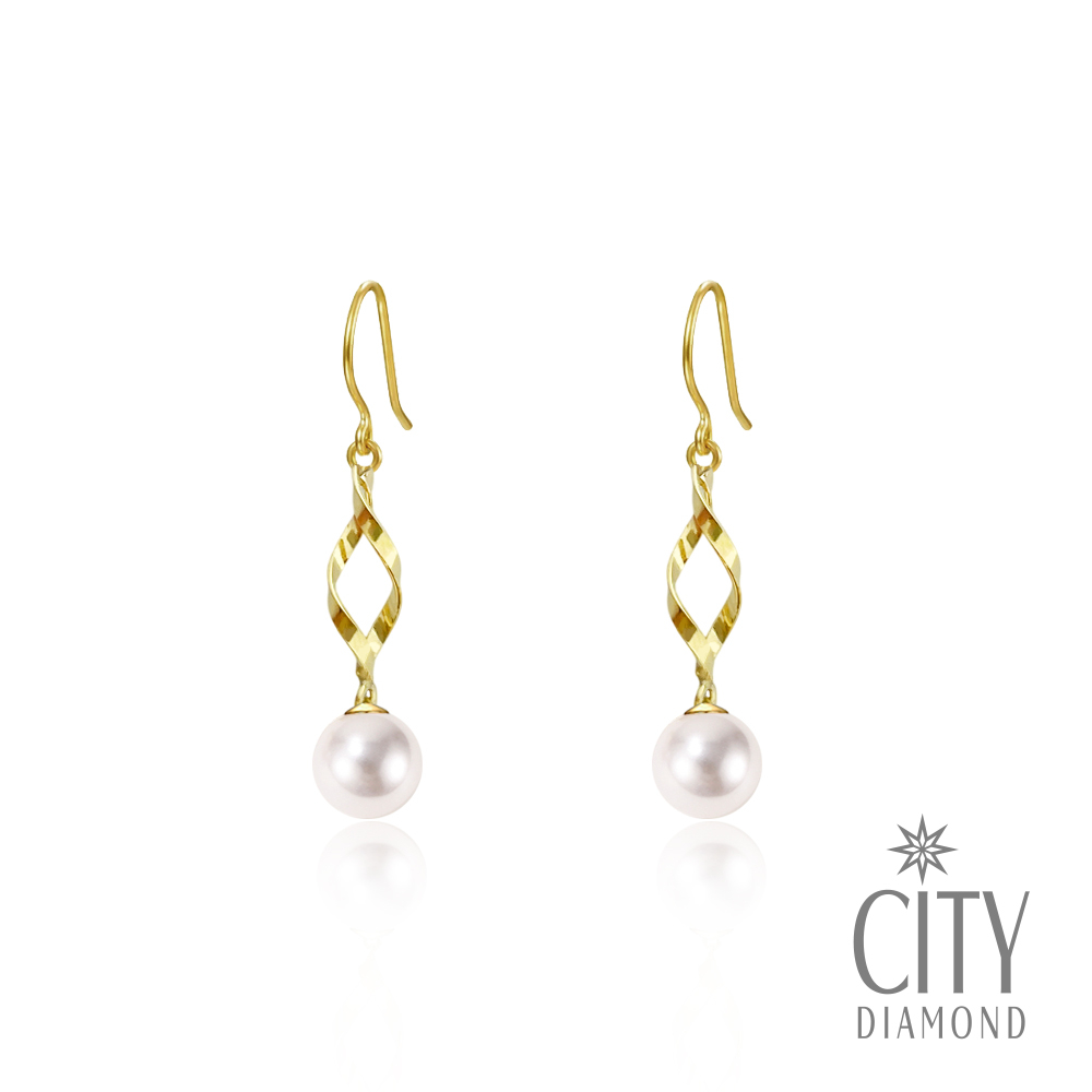【City Diamond 引雅】『芭蕾女伶』18K日本AKOYA珍珠6.5MM黃K金麻花垂掛耳環(東京Yuki系列)
