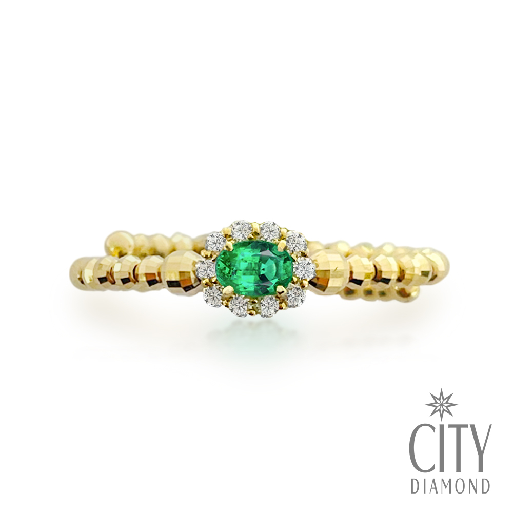 【City Diamond 引雅】『春樹』18K日本祖母綠10分 鑽石 黃K金彈性戒圍開口式戒指(東京Yuki系列)