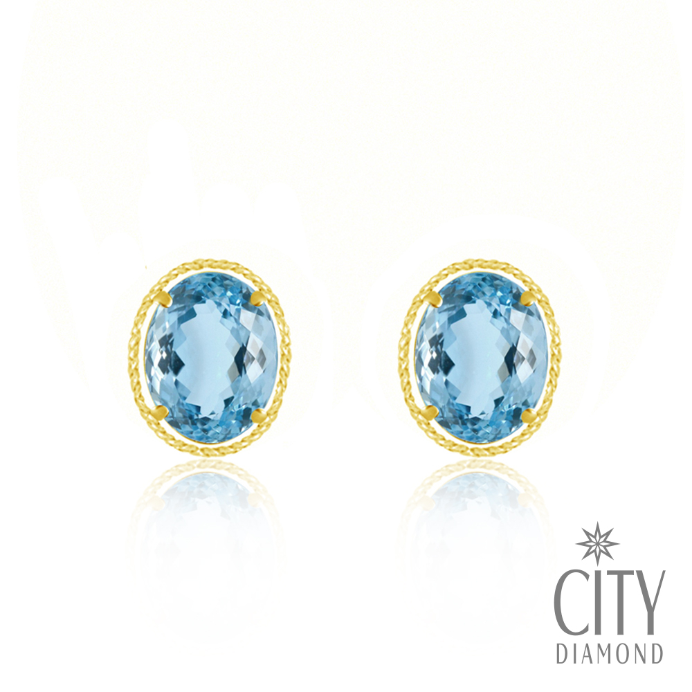 【City Diamond 引雅】『藍芙洛』18K日本橢圓托帕石3克拉黃K金麻花造型耳環(東京Yuki系列)