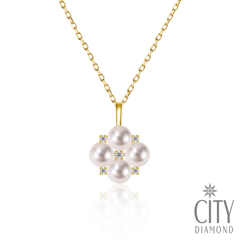 【City Diamond 引雅】『馬約利卡』18K日本AKOYA珍珠4mm天然鑽石黃K金項鍊 套鍊(東京Yuki系列)